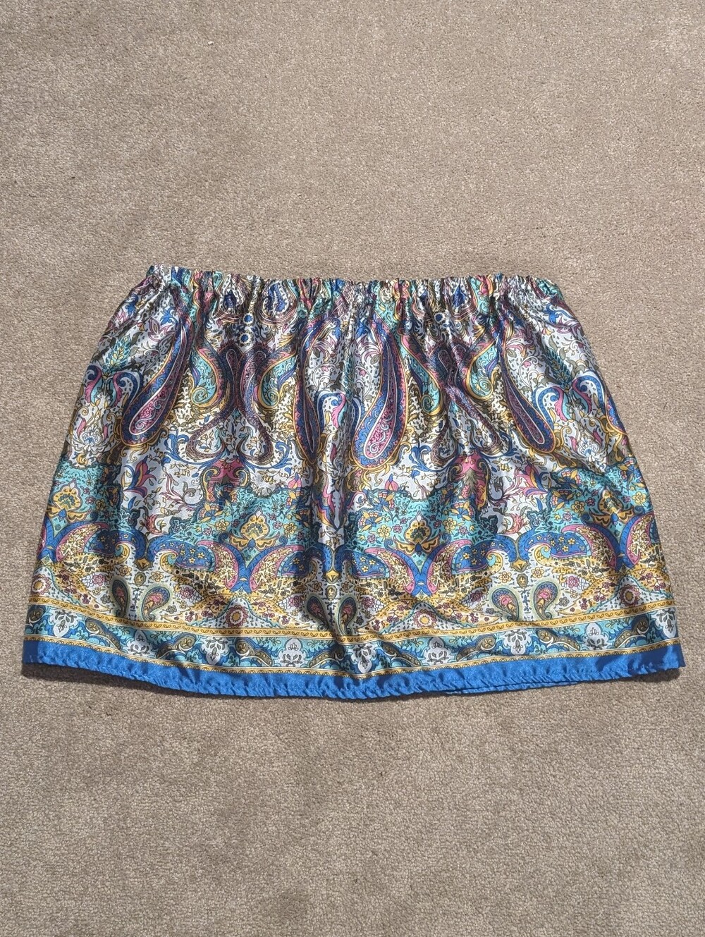 Vintage Paisley Multicolor Mini Silky Skirt with Bright Blue Hem
